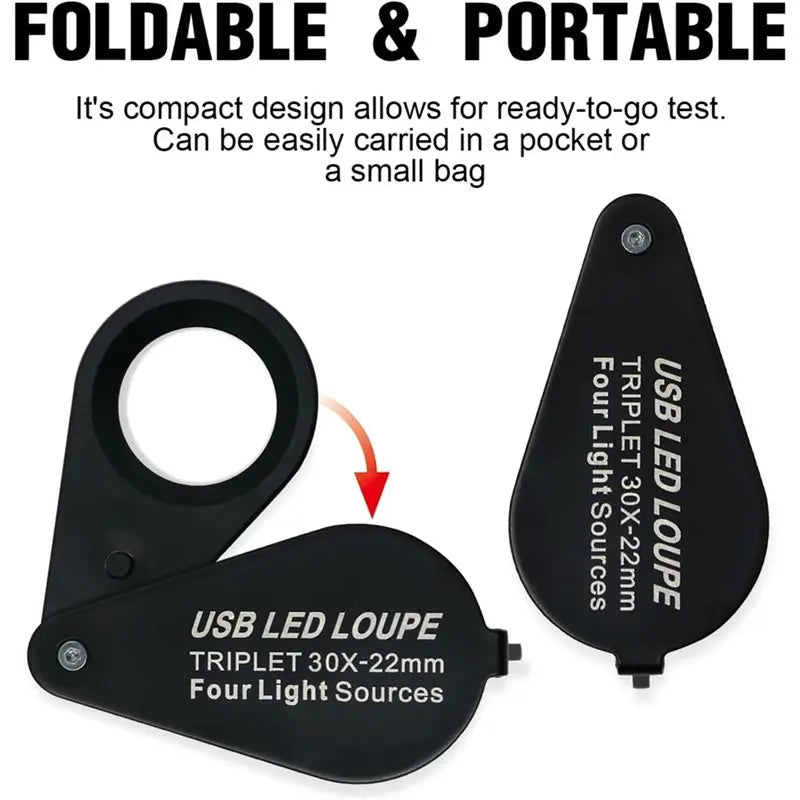 ABKW-Jewelers Loupe Magnifier 30X USB Rechargeable With UV And LED Lights Vue