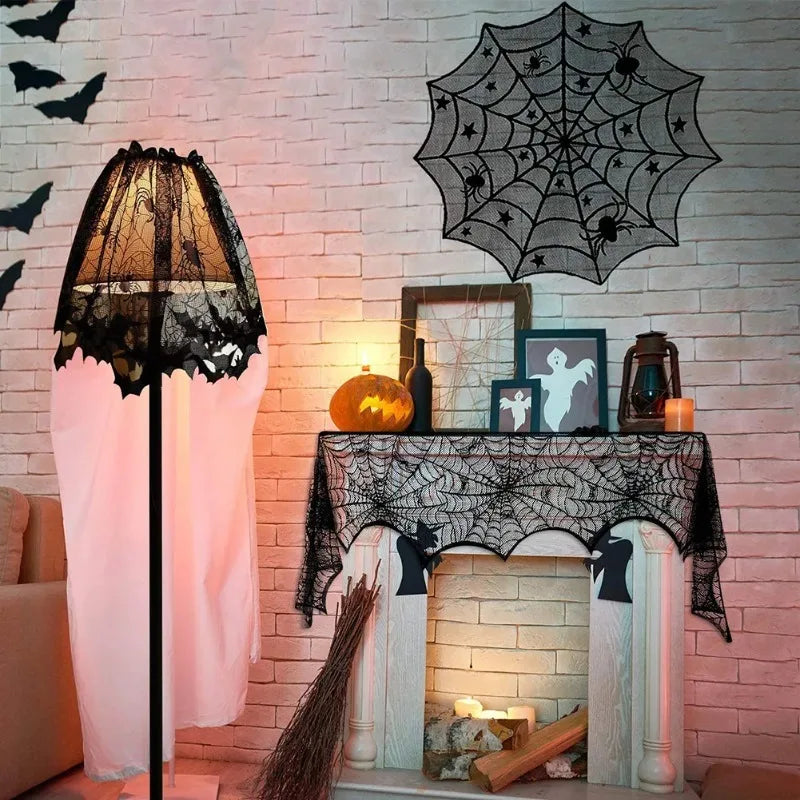 Spooky Black Lace Halloween Tablecloth Decorative Table Runner for Mantel Dining Table Ghost Party Home Indoor Decoration Prop Vue