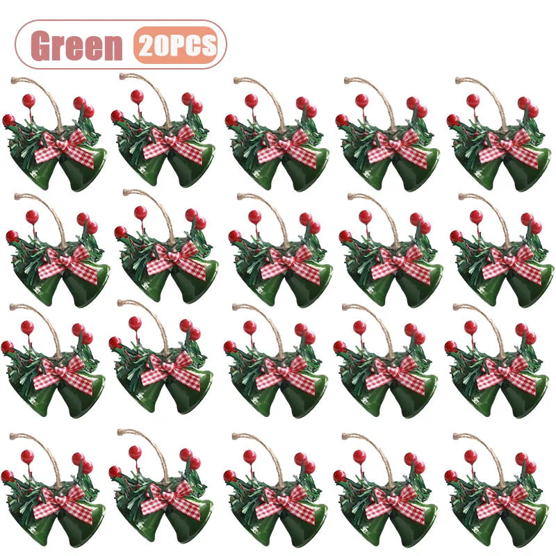 Christmas Bell Ornament Festive Double Horn Pendant for Holiday Tree and Shop Window Decoration DIY Accessory Party Supplies Vue Green-20PCS