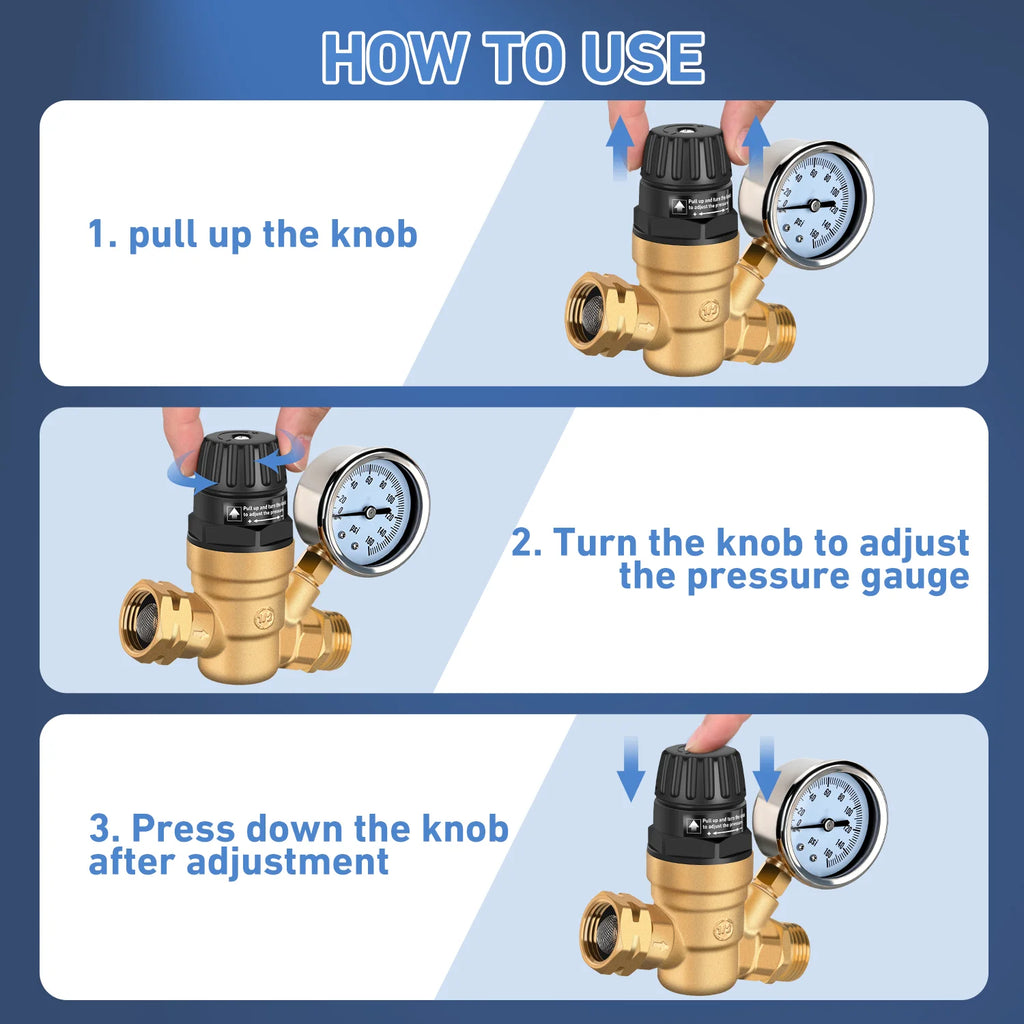 Nilight RV Water Pressure Regulator for RV Camper, Adjustable Handle Water Pressure Regulator Valve with Gauge and Inlet Screen Filter, Brass Lead-free Reducer Valve Filter for Camper Travel Trailer Vue