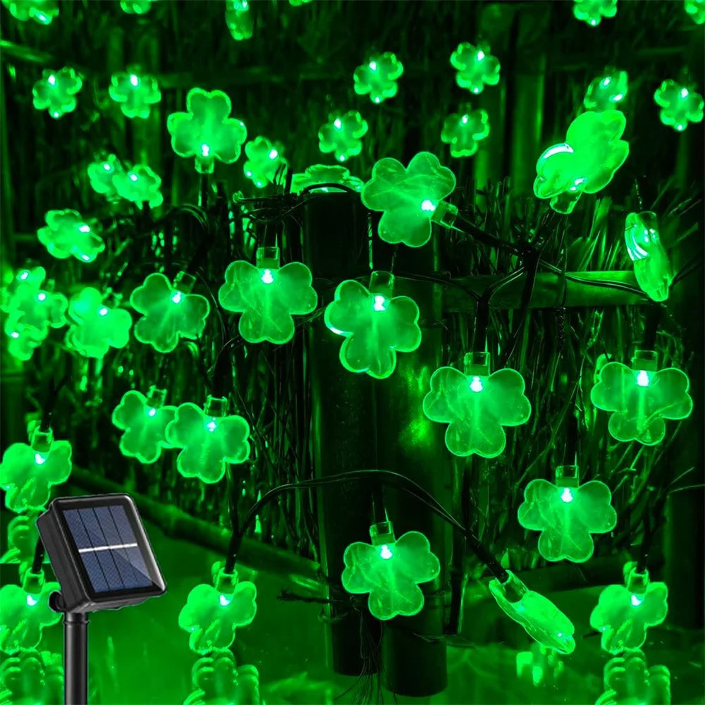 Solar St Patricks Day Decorations Shamrock String Lights 22M 200Led Lucky Clover Green Lights Outdoor Waterproof 8 Mode Light Vue