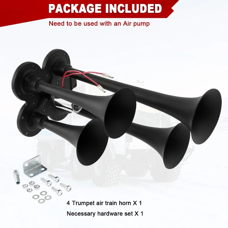 12V 24V 150dB Universal 4-Trumpet Air Horn Loud Sound Horn Black Claxon Horns for Car, Truck, Boat , Motorcycle Vue