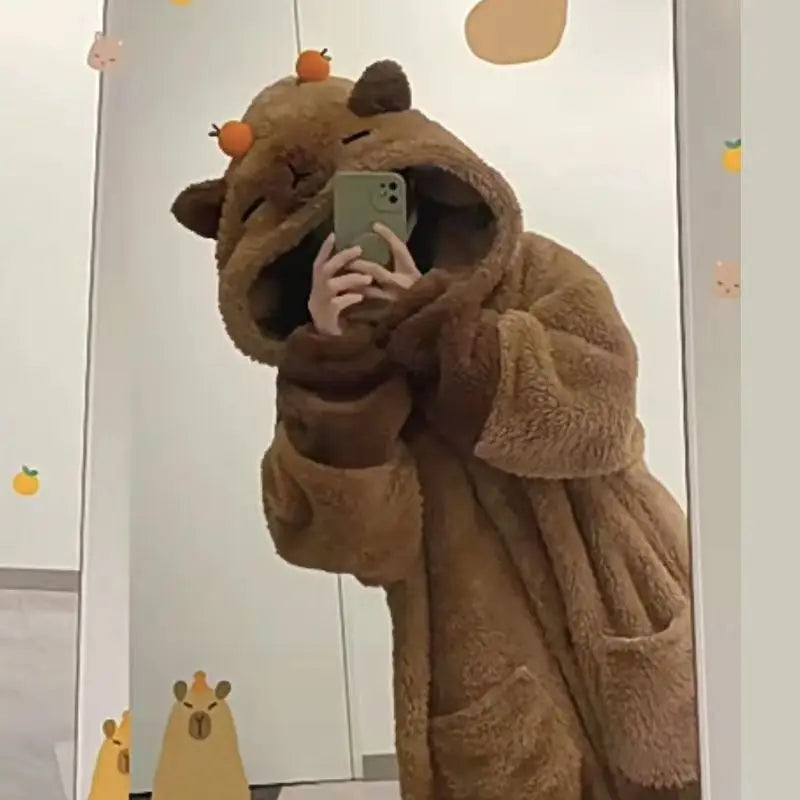 Hot Cute Capybara Winter Pajama Cartoon Animal Soft Plush Jumpsuit For Adults Kawaii Velvet Pajama Night Robe Cosplay Suit Vue