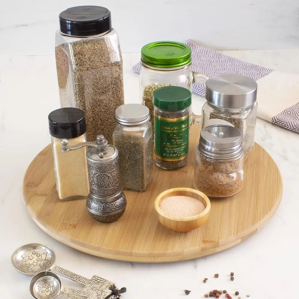 Round Wooden Kitchen Rotating Spice Rack with Metal Frame Non-Slip Base 360-degree Rotation Spice Tray Large Capacity Vue