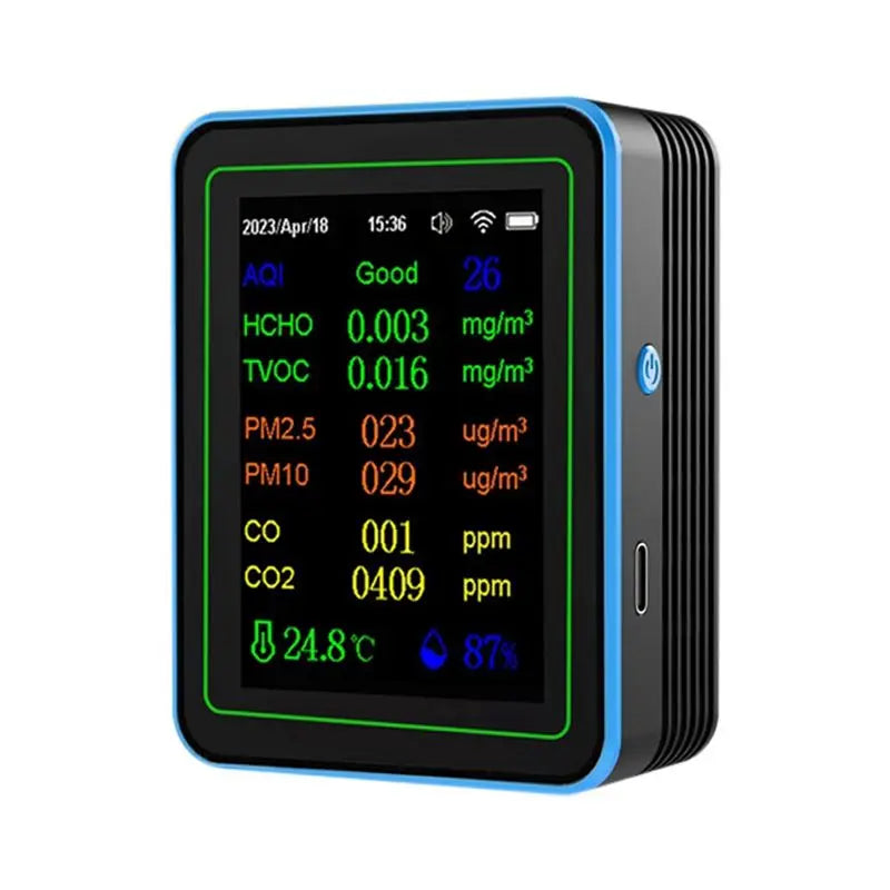 ABKW-Tuya Wifi 12 In 1 Air Quality Monitor Multifunction PM2.5 AQI PM1O HCHO TVOC CO CO2 Screen Display Air Detector Vue Black