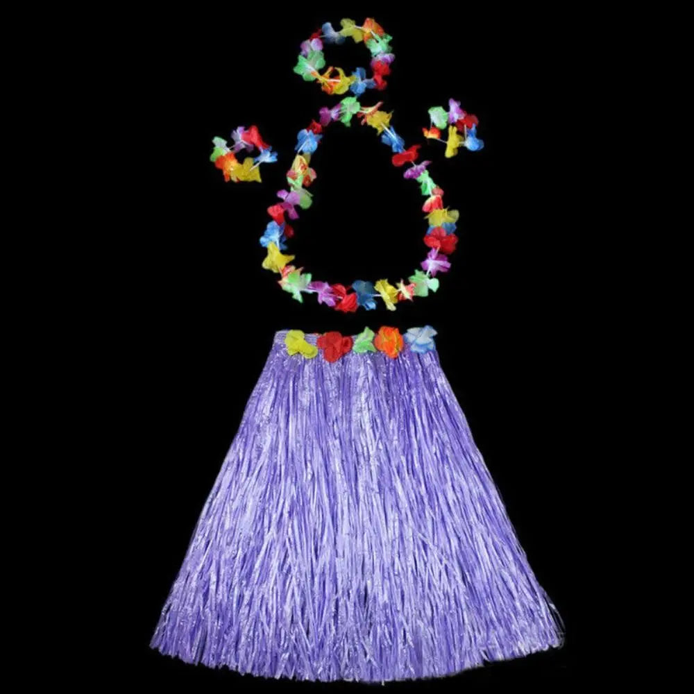 Ladies Women Hawaii Fancy Dress Grass Skirt Hula Hawaiian Full Vue purple
