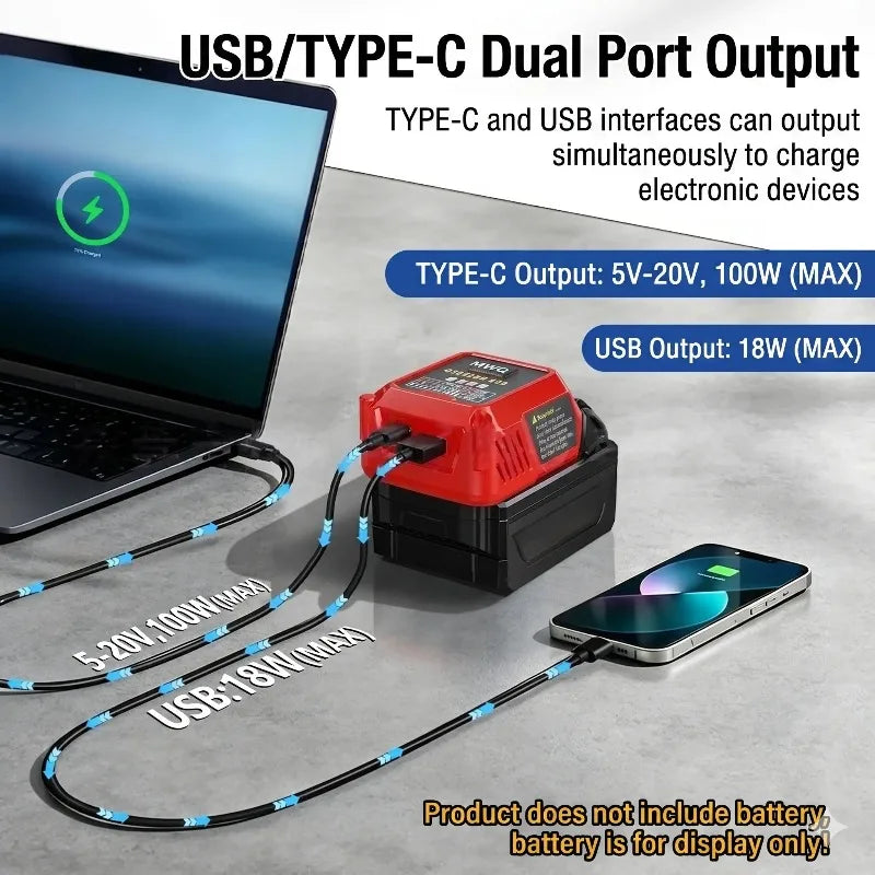 100W Fast Charging Station with USB Type-C Port Charging for Makita/DL/Milwaukee/Bosch 18V/20V Batteries Portable Power Inverter Vue