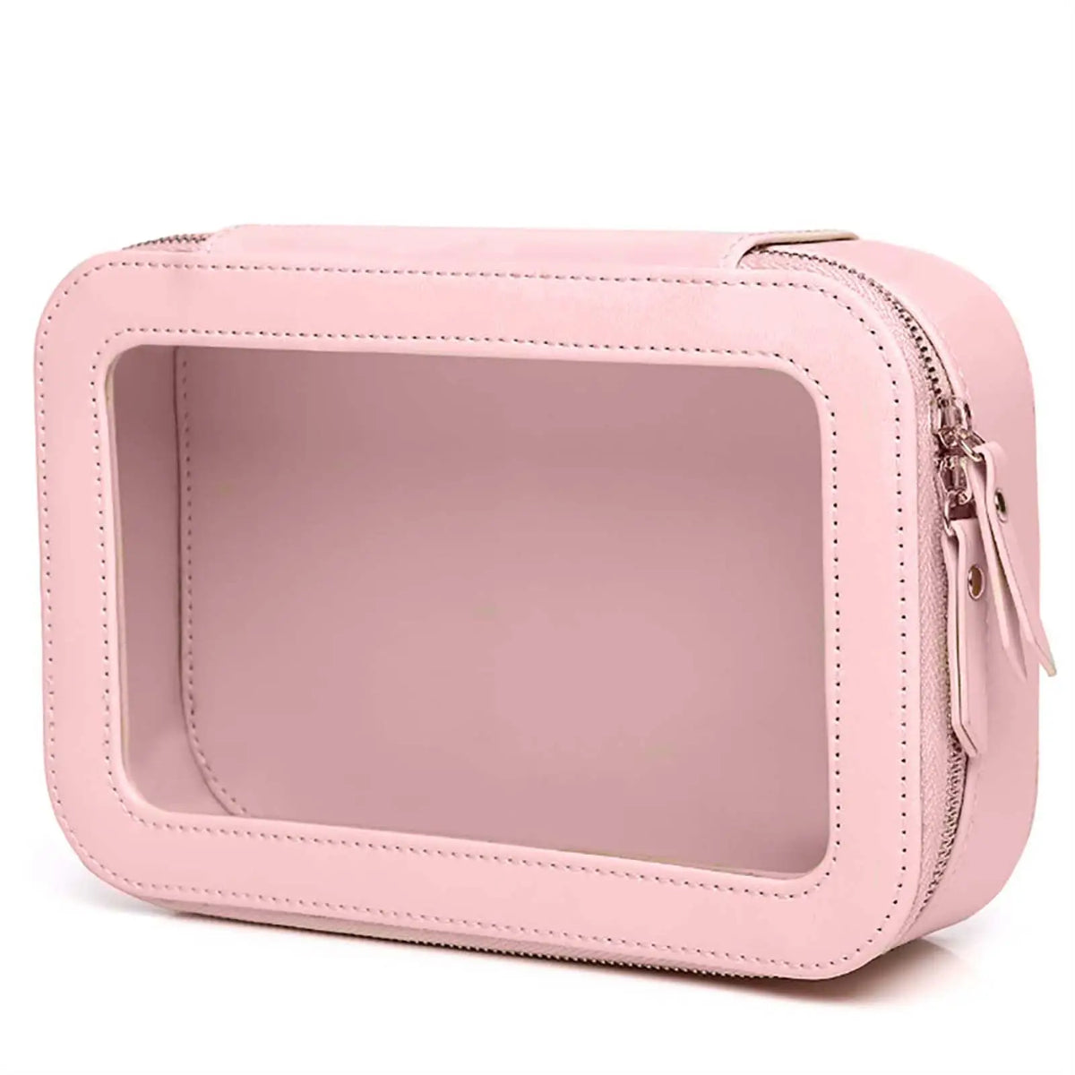 Clear and Waterproof Makeup Bag Portable Travel Cosmetic Case Organizer for Women Toiletry Pouch with Transparent Vinyl Windows Vue Pink