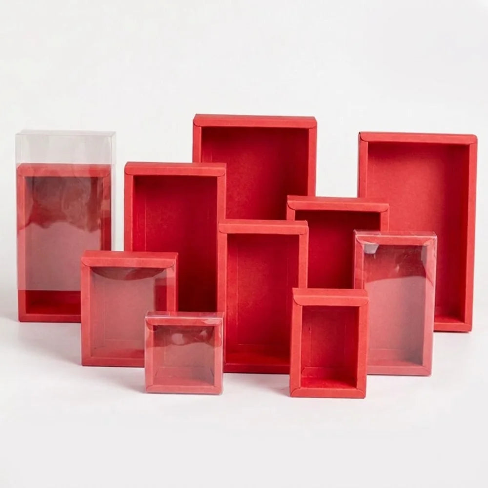 10PCS/SET Clear Window Kraft Gift Box Hardcore Foldable Gift Packaging Box DIY Reusable Drawer Gift Box Festival Present Vue Red View Details