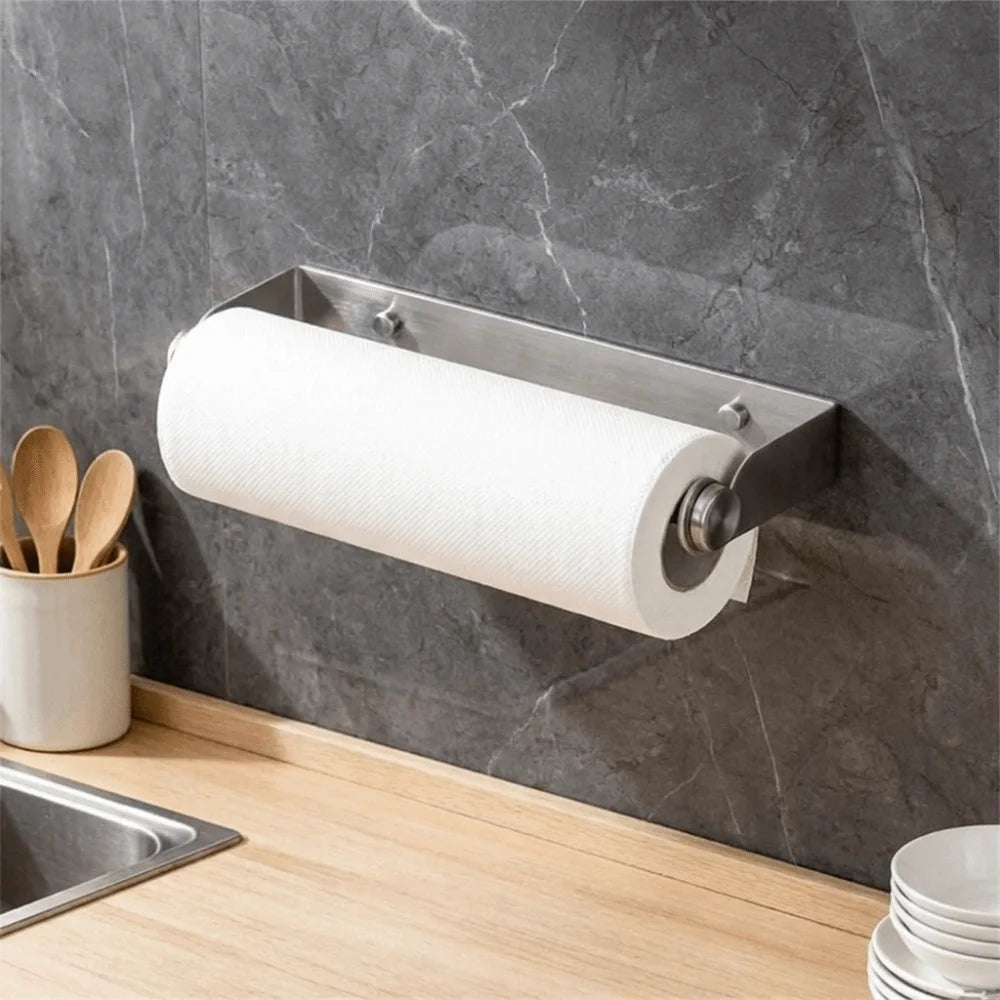 Stainless Steel Plastic Wrap Holder Wall Mounted Space Saving Roll Towel Rack Adhesive or Screw-in Cling Wrap Holder Vue