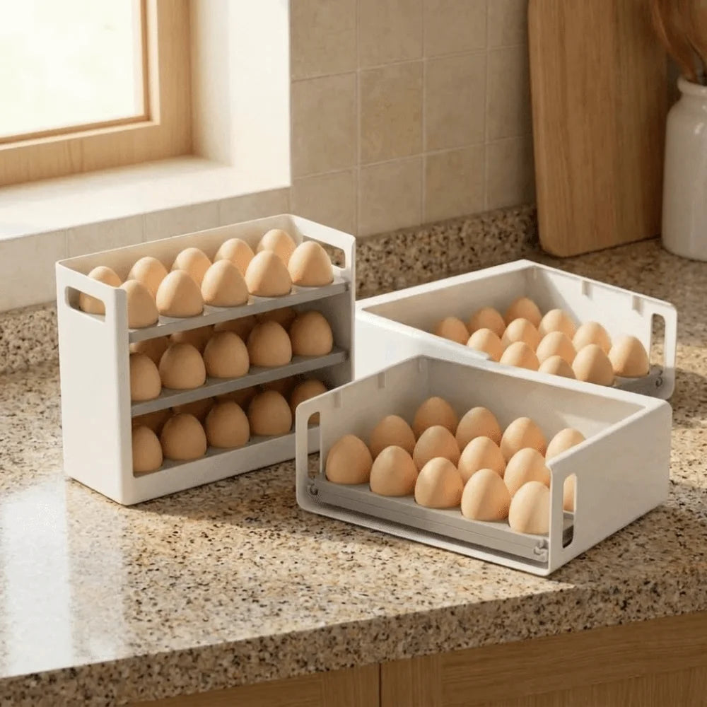 30 Grids 3 Tiers Egg Storage Box Anti-drop Large Capacity Flip-top Egg Storage Box Space Saving Plastic Egg Storage Tray Vue