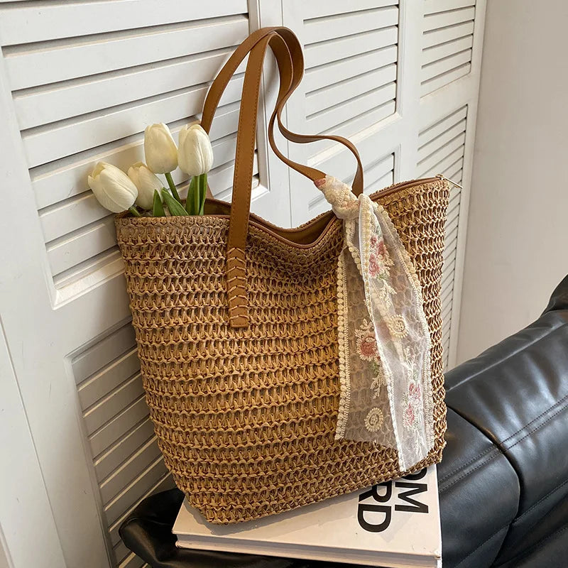 Square Bucket Straw Beach Bag Handmade Woven Shoulder Raffia Rattan Vue khakiAddScarf 28x14x34cm