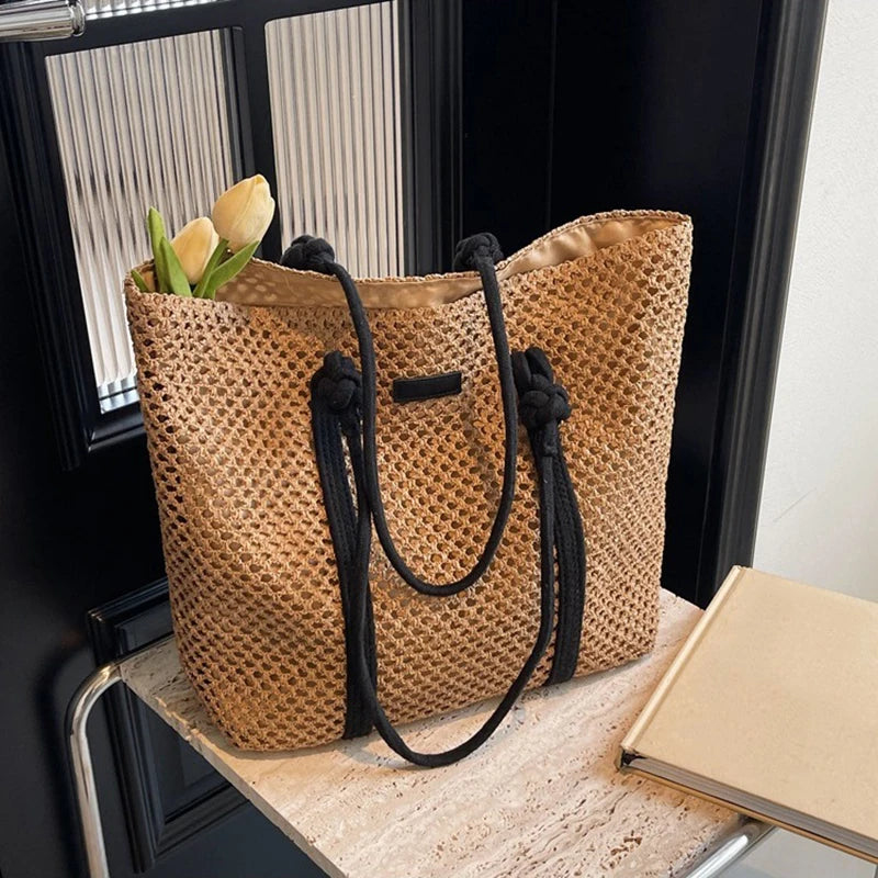 Summer Woven Straw Tote Bag Casual Beach Vacation Women Shoulder Bags Vue khaki 37x14x34cm