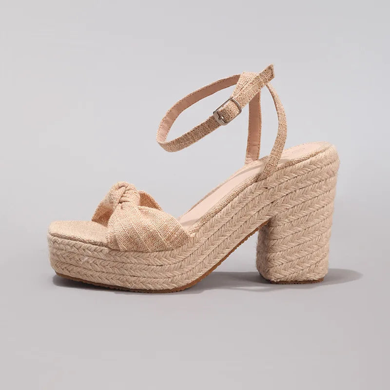 Women's Platform Wedge Sandals – Knotted Ankle Strap Heels Platform Wedge Sandals Vue apricot 37