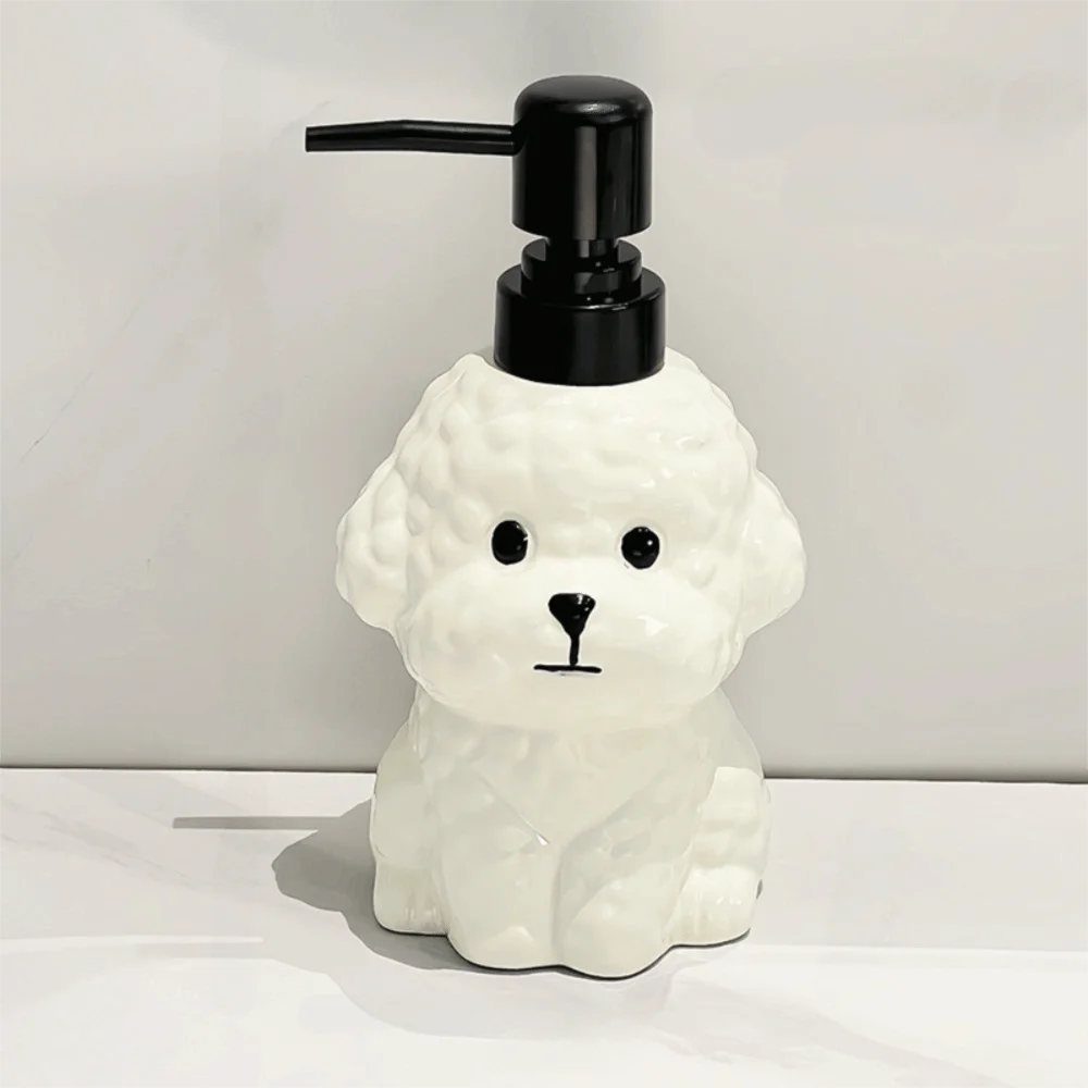 Refillable Bichon Frise Ceramic Soap Dispenser No-Leak Lotion Pump with 2 Pump Options Reusable Pump Dispenser Cute Easy-Clean Vue Black pump head