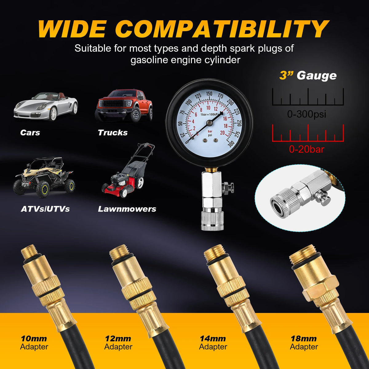 Nilight Compression Tester Kit, 8PCS Petrol Gas Engine Cylinder Pressure Gauge 0-300 PSI Automotive Tool for Cars Trucks Motorcycles Vue