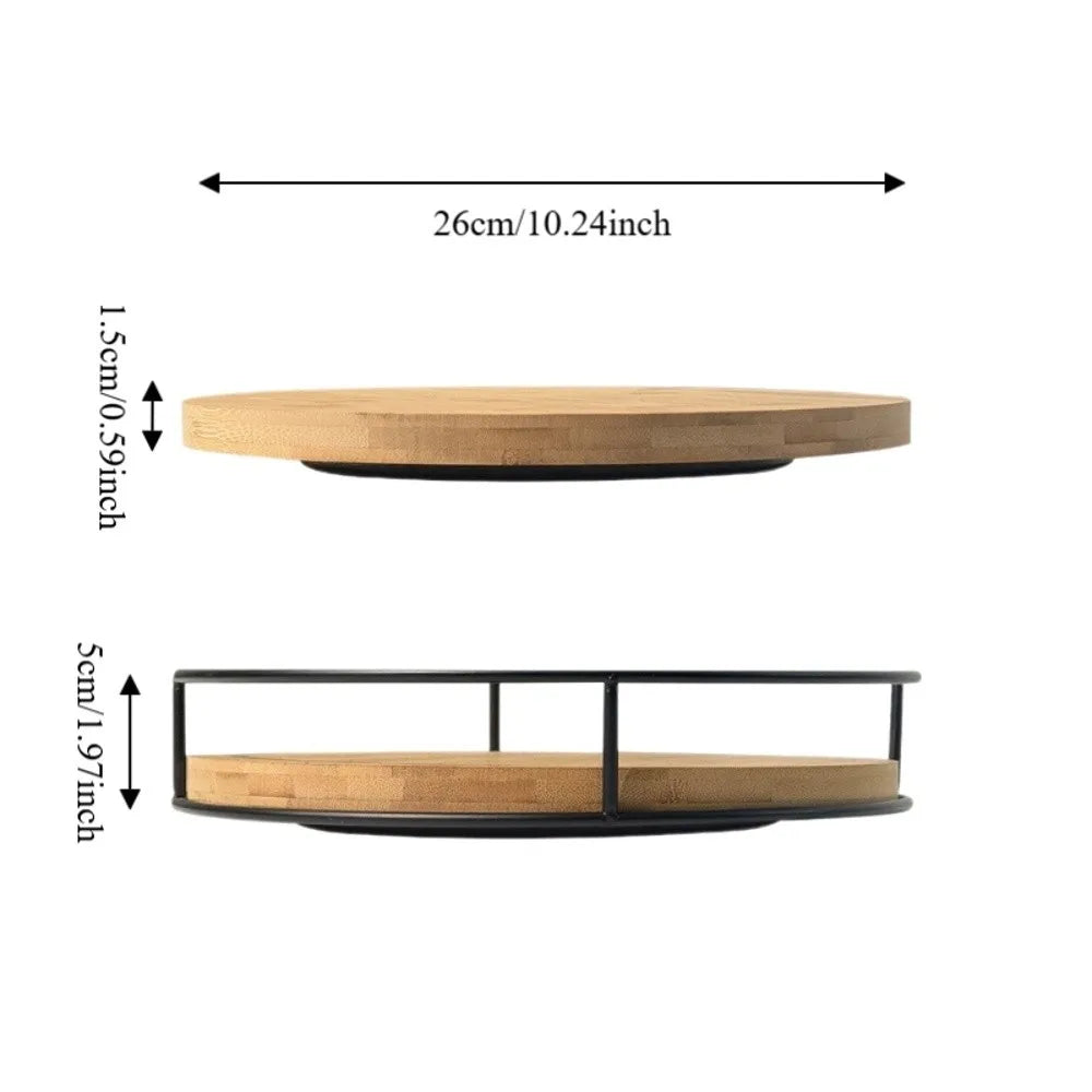 Round Wooden Kitchen Rotating Spice Rack with Metal Frame Non-Slip Base 360-degree Rotation Spice Tray Large Capacity Vue