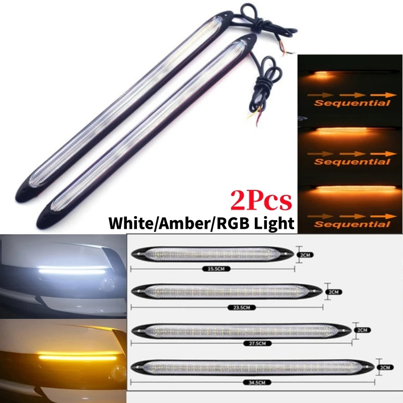 2Pcs Car LED Daytime Running Lights Waterproof Sequential Lamp Flow Turn Signal Light Amber Turn White Lamp Vue