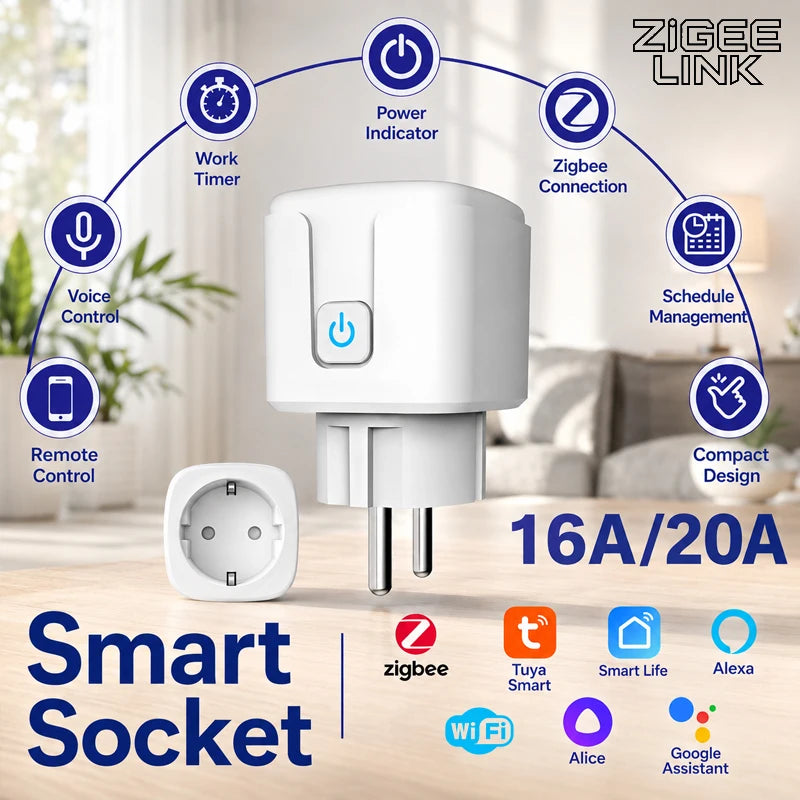 Smart Home WiFi or Zigbee3.0 Plug EU Power Monitor Timer Socket for Home Appliance Control via Alexa Google Home Smart Life Vue 16A ZigBee3.0 1PCS 100-240V