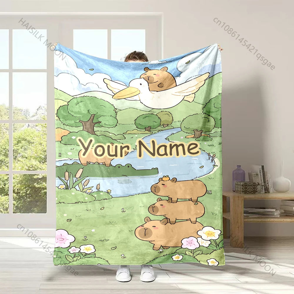 Cartoon Capybara Print Customized Name Blanket Soft and Comfortable for Home Sofa Office Outdoor Travel Camping Picnic Blanket Vue Style C 75x90cm(30x35in)