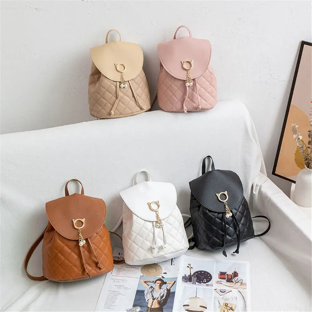 Women Casual Small Backpack Student Bookbags PU Leather Drawstring