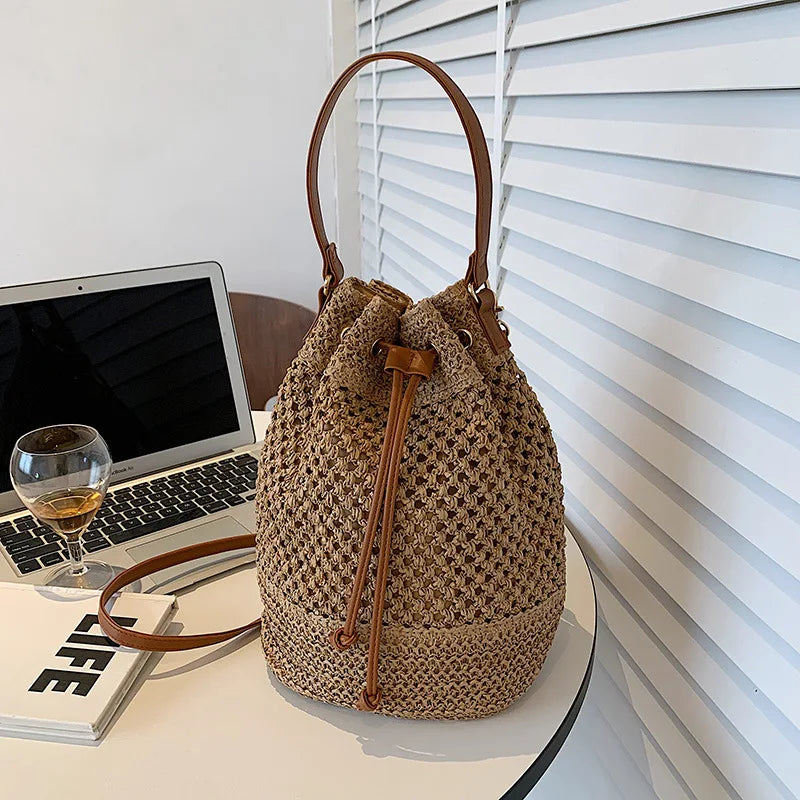 Woven Straw Bag Ladies Bucket Crossbody Summer Beach Retro Travel Vue khaki 28x14x30cm