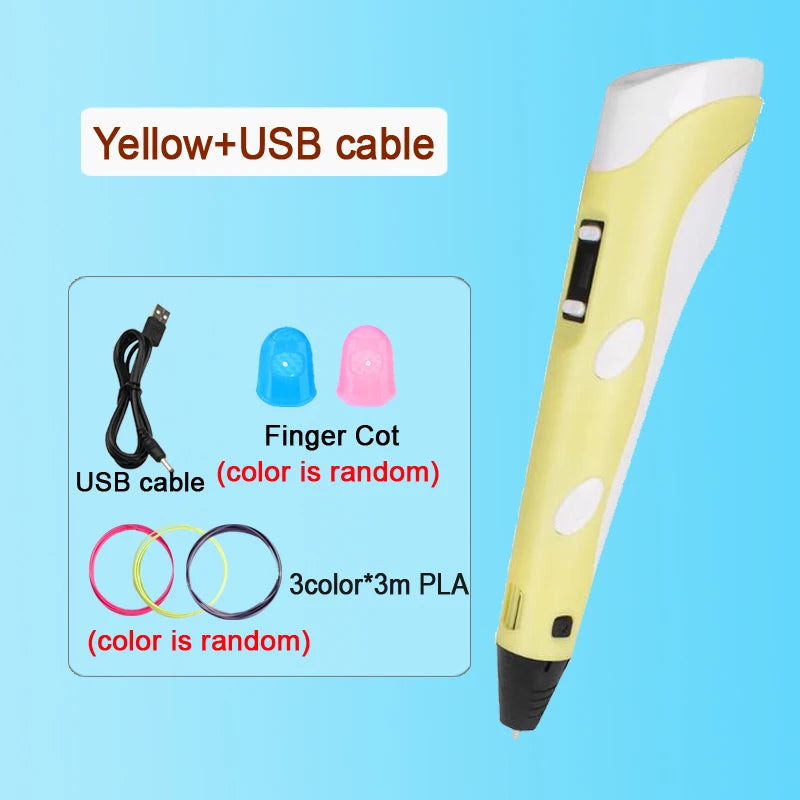 3D Pen Drawing Printing Pen With LCD Screen Compatible PLA Filament Toys Safe Paiting for Children DIY Christmas Birthday Gift Vue yellow-9M PLA