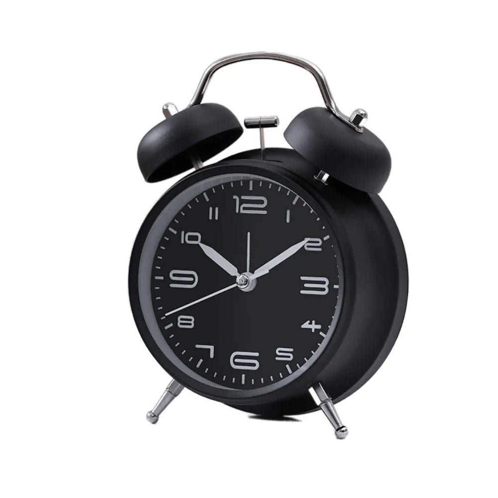 4 Inch Twin Bell Loud Alarm Clock Luminous Non-Ticking Student Alarm Clock Metal Frame Silent Strong Wake-up Table Clock Vue Black