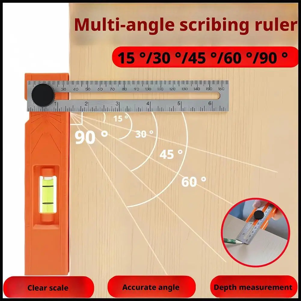 Multifunctional Angle Ruler, Precision Woodworking Protractor Level Measure Tool For Carpenter, 90/45 Degree With Depth Gauge Vue