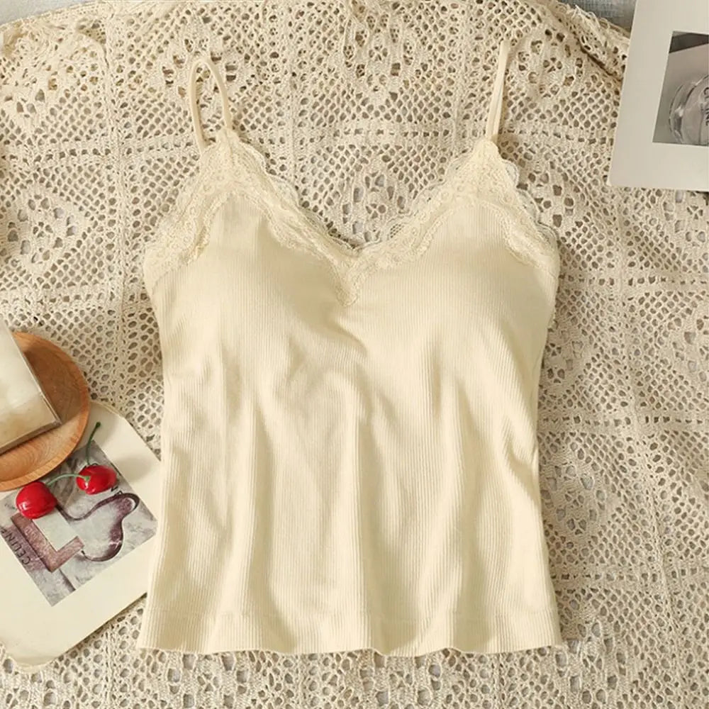 Fashion Breathable Lace Camisole Strap Bra Solid Crop Sexy Wire-free Vue Beige S