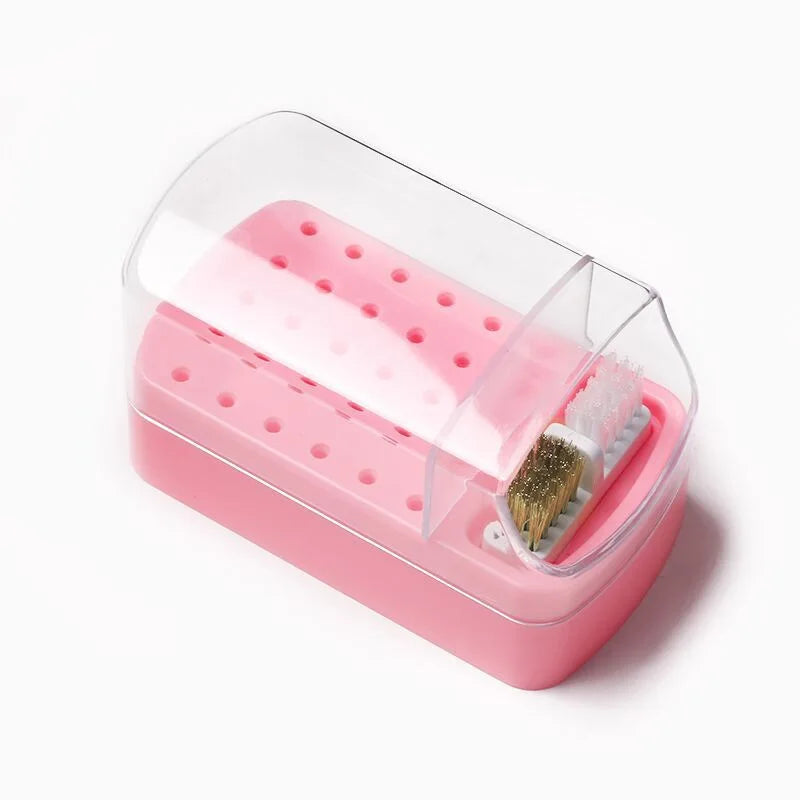 2 in 1 Nail Drill Bits Storage Box 30 Holes with Cleanning Brush Manicure Salon Grinding Head Holder Display Nail Art Accessory Vue