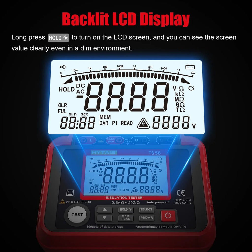 HYTAIS TS58 Digital Megohmmeter Professional Insulation Resistance Tester 1000V 20GΩ AC/DC Voltage Tester Data Storage with Bag Vue