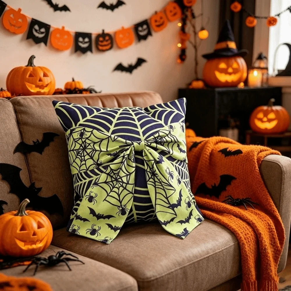 Gothic Style Halloween Ghost Pillowcase Washable Wear Resistant Spider Web Cushion Cover Comfortable Soft Square Pillow Covers Vue Green