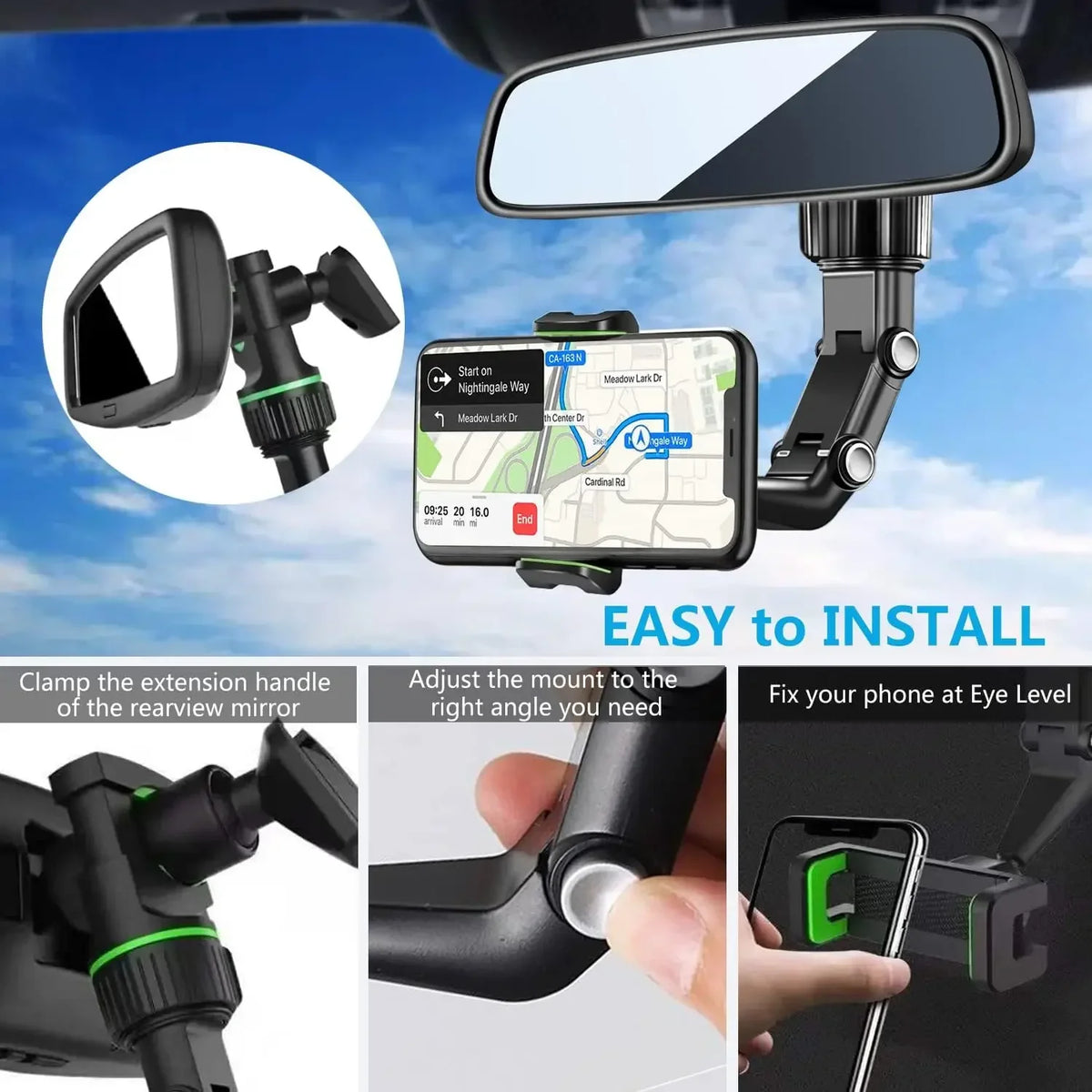 Universal Car Phone Holder Multifunctional 360 Degree Rotatable Auto Rearview Mirror Seat Hanging Clip Bracket Cell Phone Holder Vue