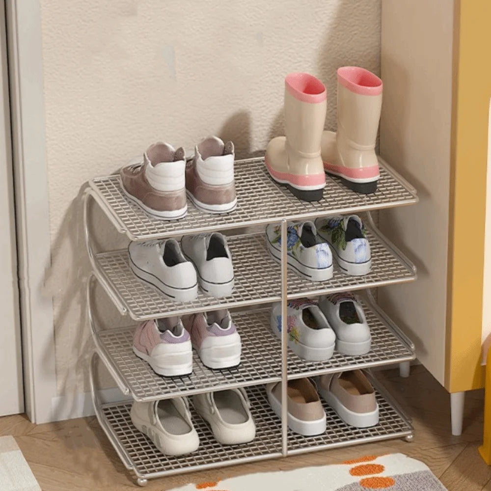 Bookshelf Large Capacity Metal Shoe Rack Space Saving Iron Shoe Stand Simple Kitchen Shelf Rental Room Vue Silver 4 Layers