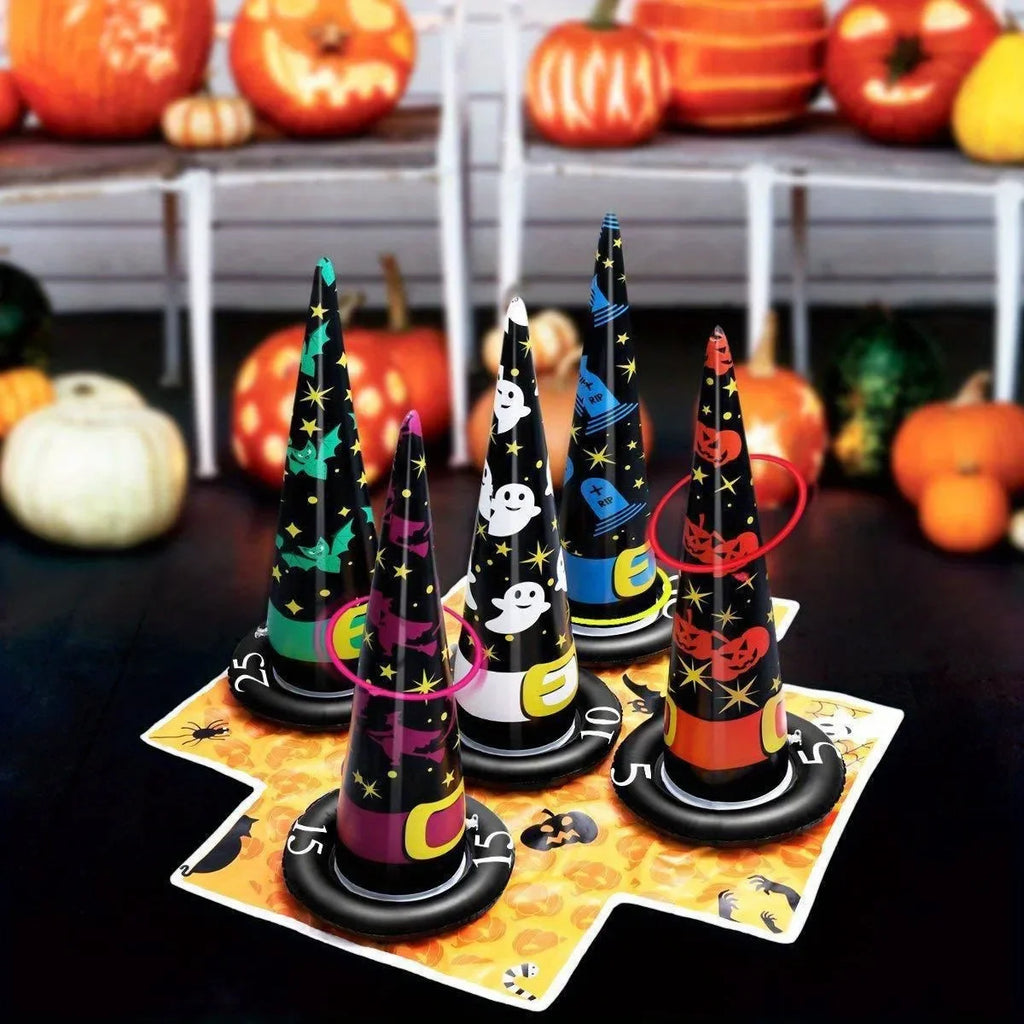 1-10Sets Halloween Inflatable Cone Toss Ring Game PVC Witch Hat Target for Carnival Party Adults Outdoor Interactive Fun Vue