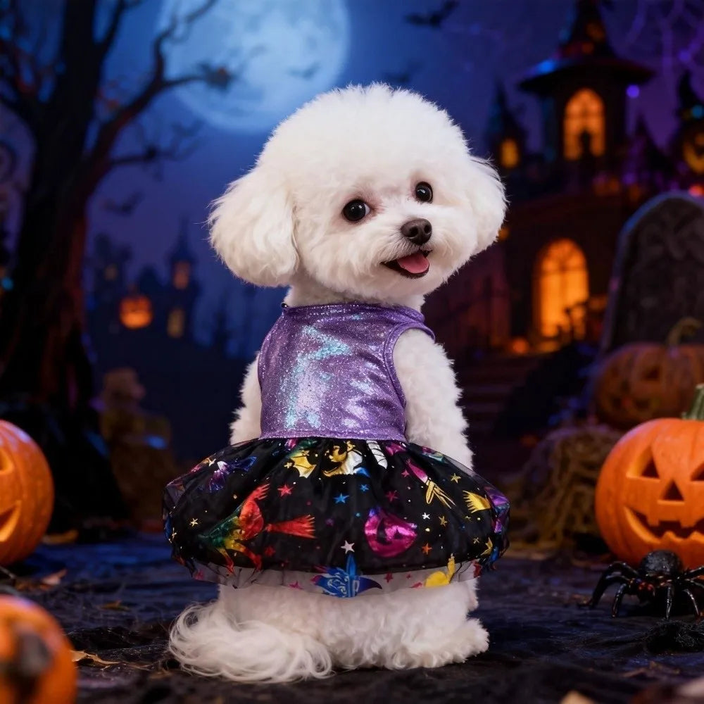 Breathable Halloween Pet Laser Dress Spider Web Pattern Soft Dog Shiny Dress Comfortable Halloween Dog Clothes Halloween Party Vue