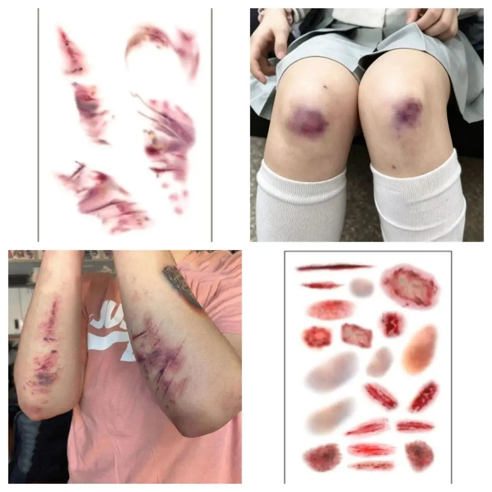 4Sheets Waterproof Halloween Temporary Tattoos Realistic Lasting Wound Bruising Tattoo Decals Portable Simulated Scar Vue
