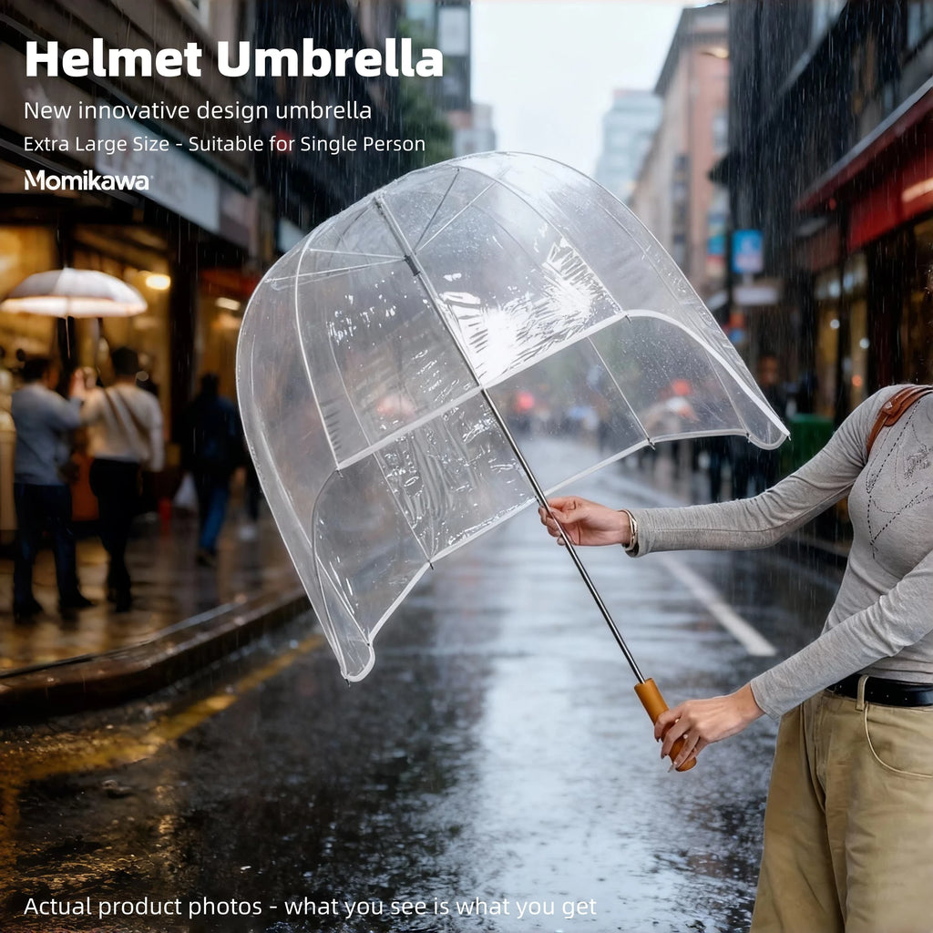 Long-Handled Helmet Umbrella Windproof Waterproof Transparent Fun Cap for Outdoor Weather Vue