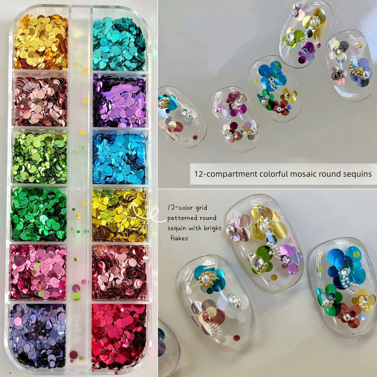 Round Nail Glitter Sparkling Flakes Nail 3D Spliced Flower Polka Dot Nail Art Sequins Charms Manicure Decro 12 Grids Retro 1-3mm Vue