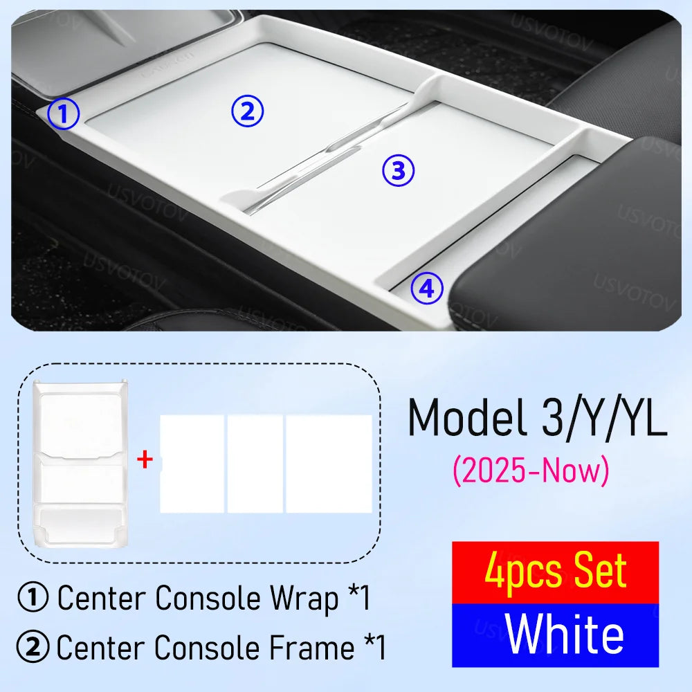 Center Console Wrap for Tesla Model 3 Y YL Juniper 2025 2026 Central Control Panel Frame Storage Box Organizer Glasses Holder Vue 4pcs White Set