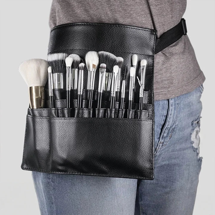 Multi-function Black PU Leather Cosmetic Bag Waist Bag Makeup Brush Bag With Belt For Professional Makeup Artist Large Capacity Vue