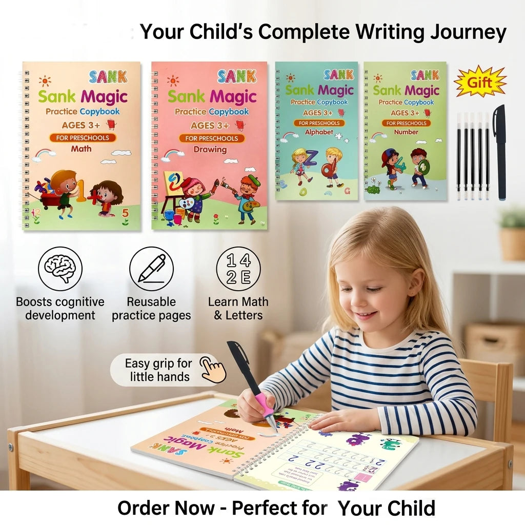 4pcs Reusable Magic Practice Copybook Kid Grooved Handwriting Tracing Book English with Pen Holder Preschool Learning Child Gift Vue