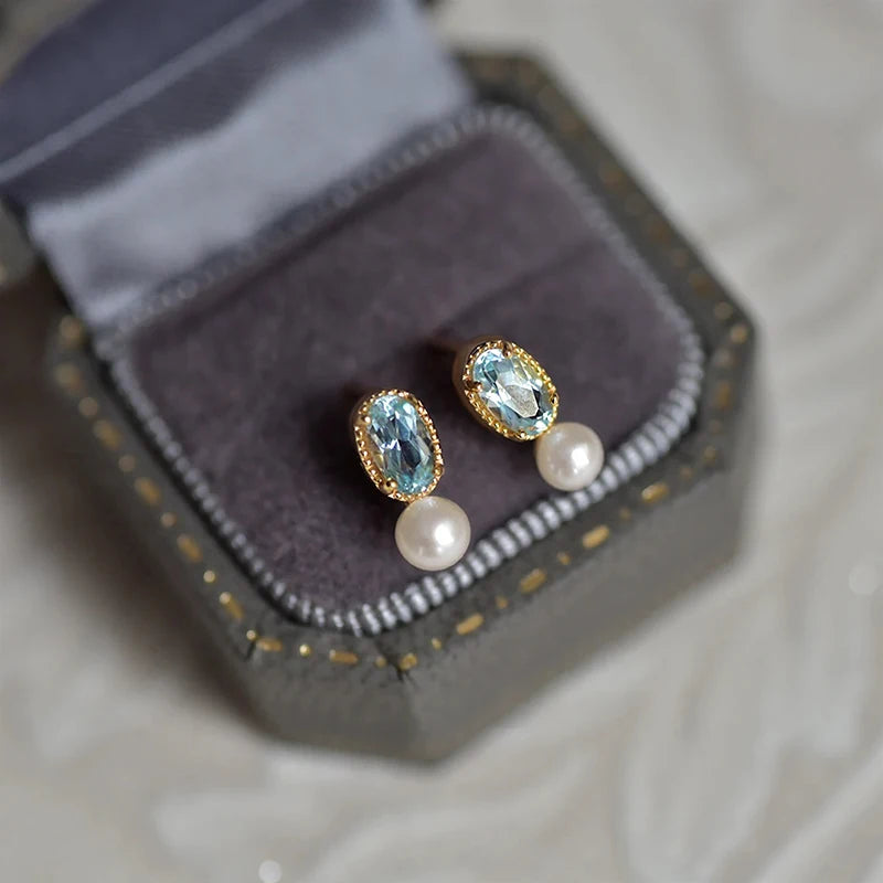 Huitan Sky Blue CZ & Pearl Stud Earrings for Women Pearl CZ Stud Earrings Vue