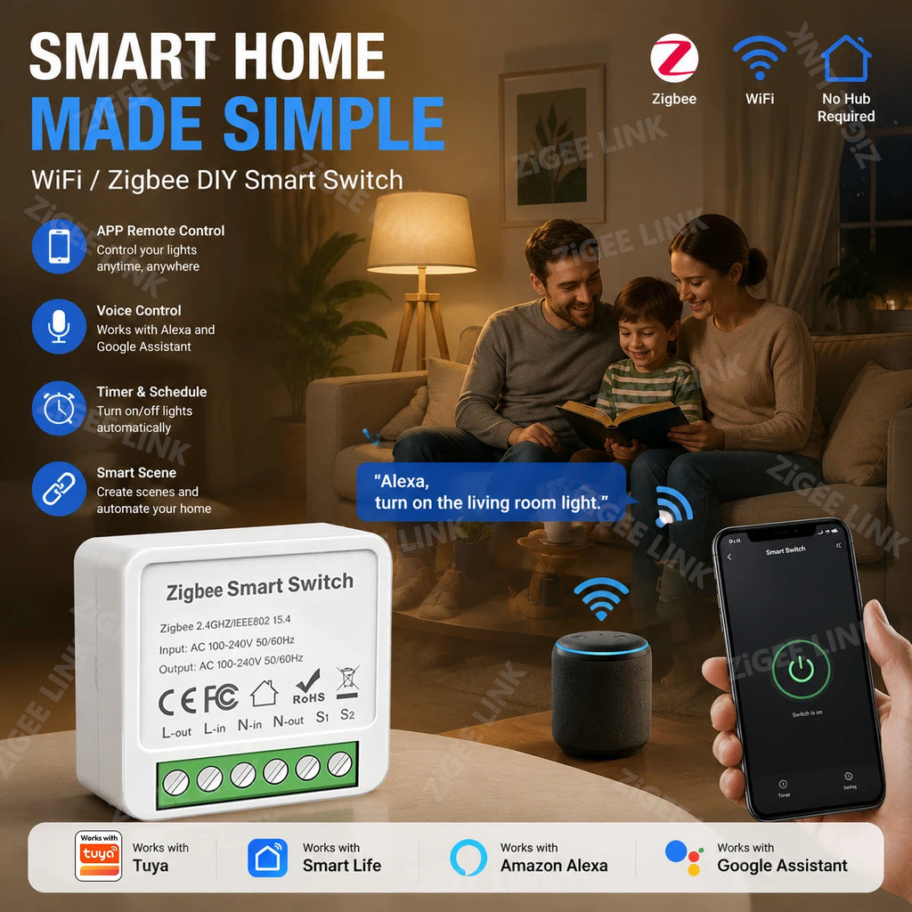WIFI and Zigbee3.0 Mini Relay Smart Switch Module 2 Way Light Control Smart Life APP Remote Timer Work With Tuya Alexa Google Vue