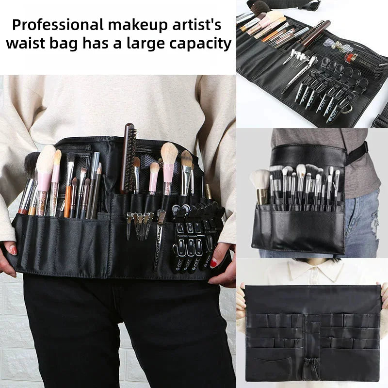Multi-function Black PU Leather Cosmetic Bag Waist Bag Makeup Brush Bag With Belt For Professional Makeup Artist Large Capacity Vue