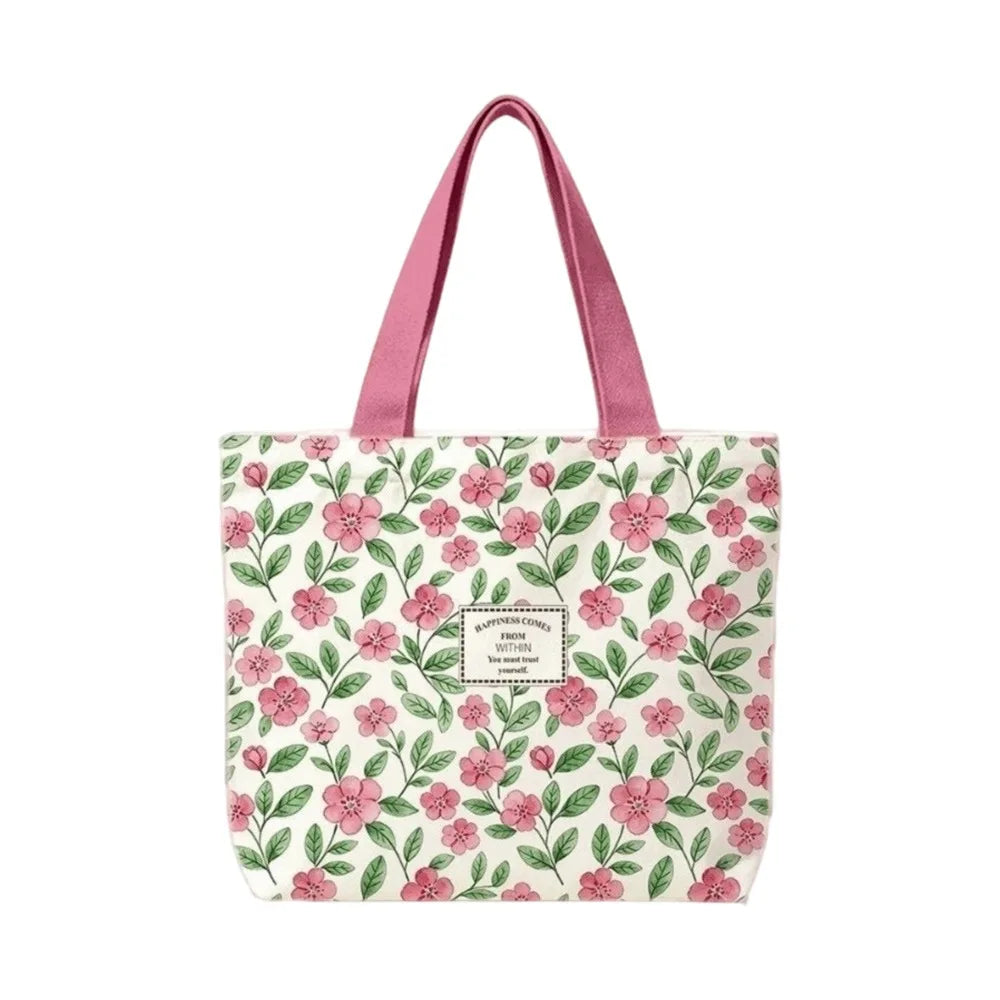 Durable Canvas Tote Bag Open Floral Lemon Print Commute Large