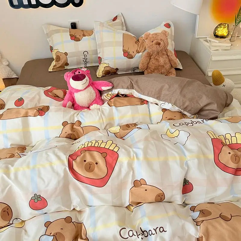 Cute Capybara Duvet Cover Set Boys Girls 3 4pcs Bedroom Decoration Flat Bed Sheet Pillowcases Single Double Size Bedding Set Vue 01 Full 4pcs 180x220
