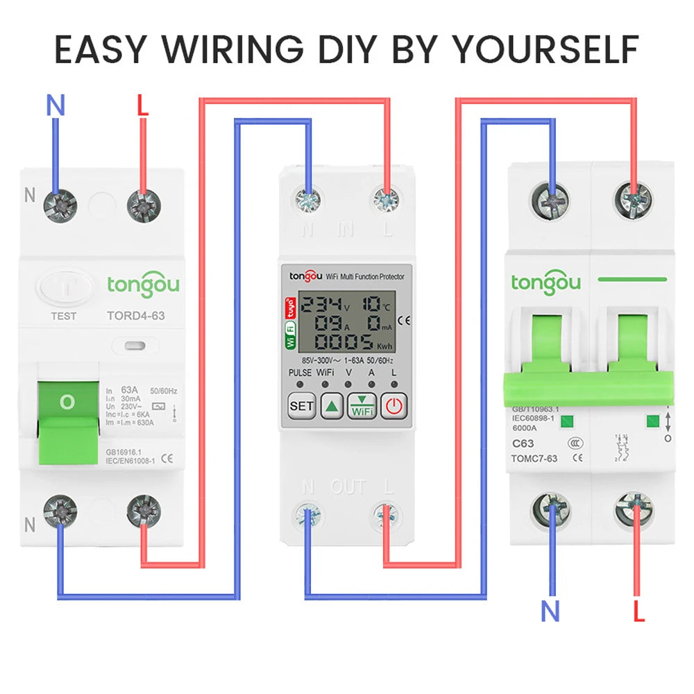 85-300V WiFi Smart Earth Leakage Over Under Voltage Protector Relay Device Switch Breaker Smart Life Energy Power kWh Meter Vue