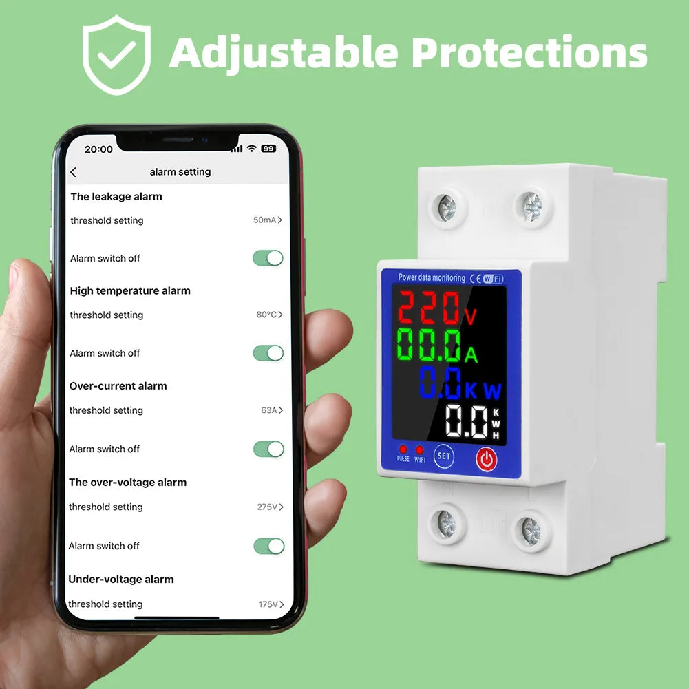 Tuya WiFi Smart Energy Meter Multifunction Leakage Protector Color Display Over Under Voltage Protector Prepaid Metering Breaker Vue